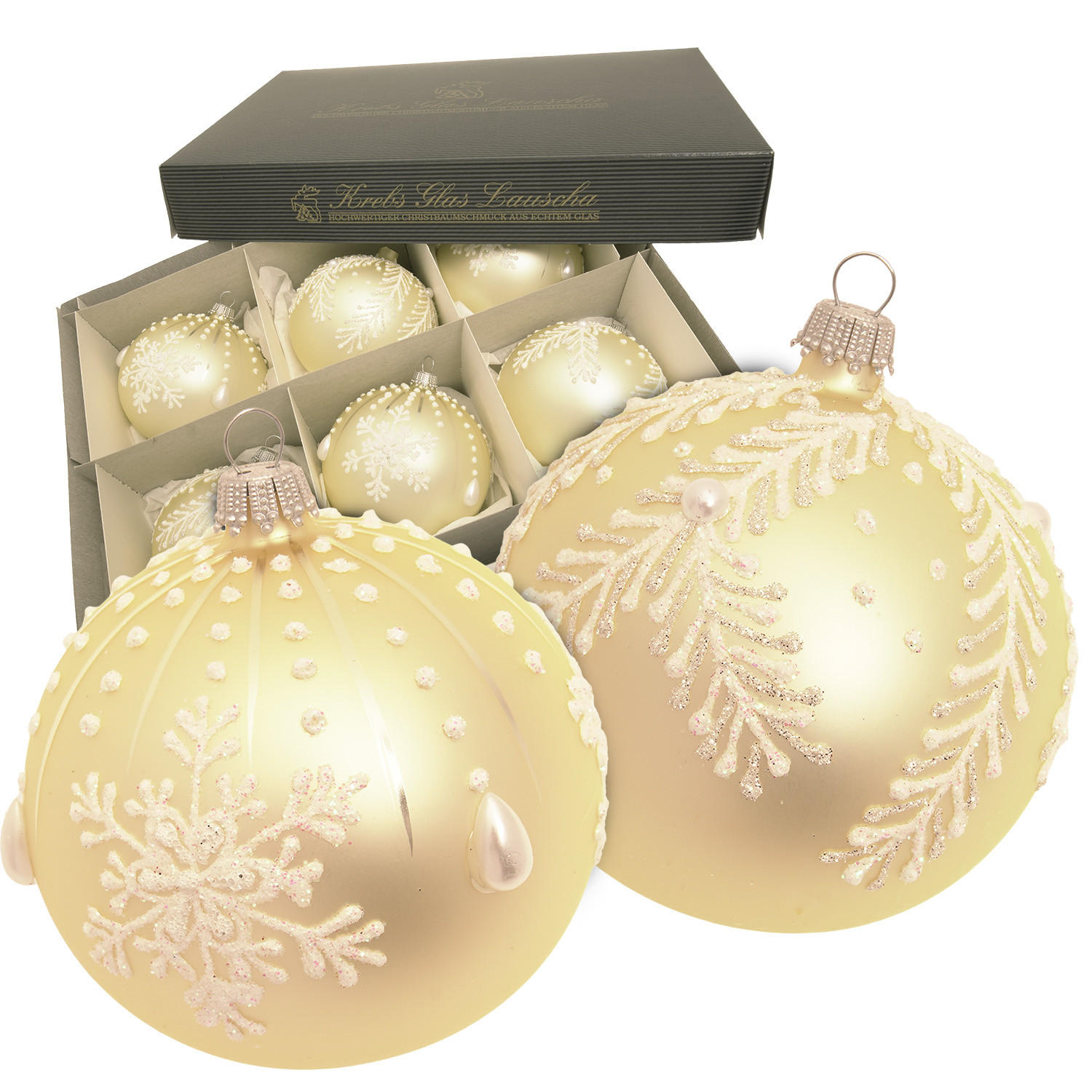 CHRISTBAUMKUGELN Floral und Schneeflocke Beige 8cm (Glas / 6 Stk.) - Beige, Glas (8/8/8cm) - Krebs Glas Lauscha