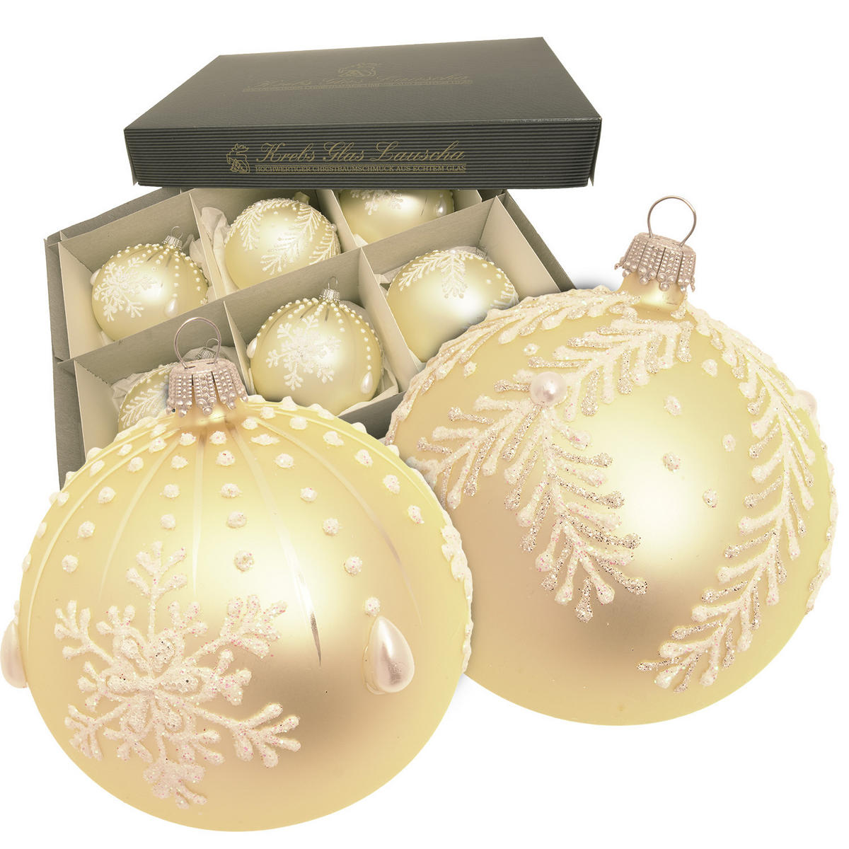 CHRISTBAUMKUGELN Floral und Schneeflocke Beige 8cm (Glas / 6 Stk.) - Beige, Glas (8/8/8cm) - Krebs Glas Lauscha