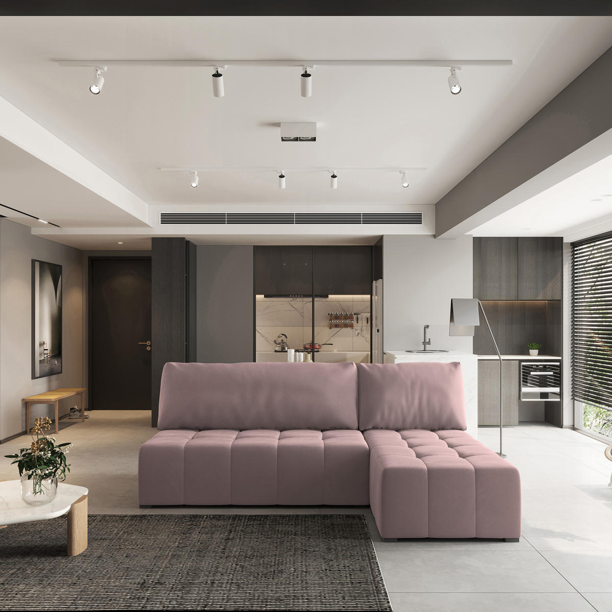 ECKSOFA DOMIRA Rosa Plüsch-Stoff mit Schlaffunktion - Rosa, Holz (200/141cm) - MASSENO