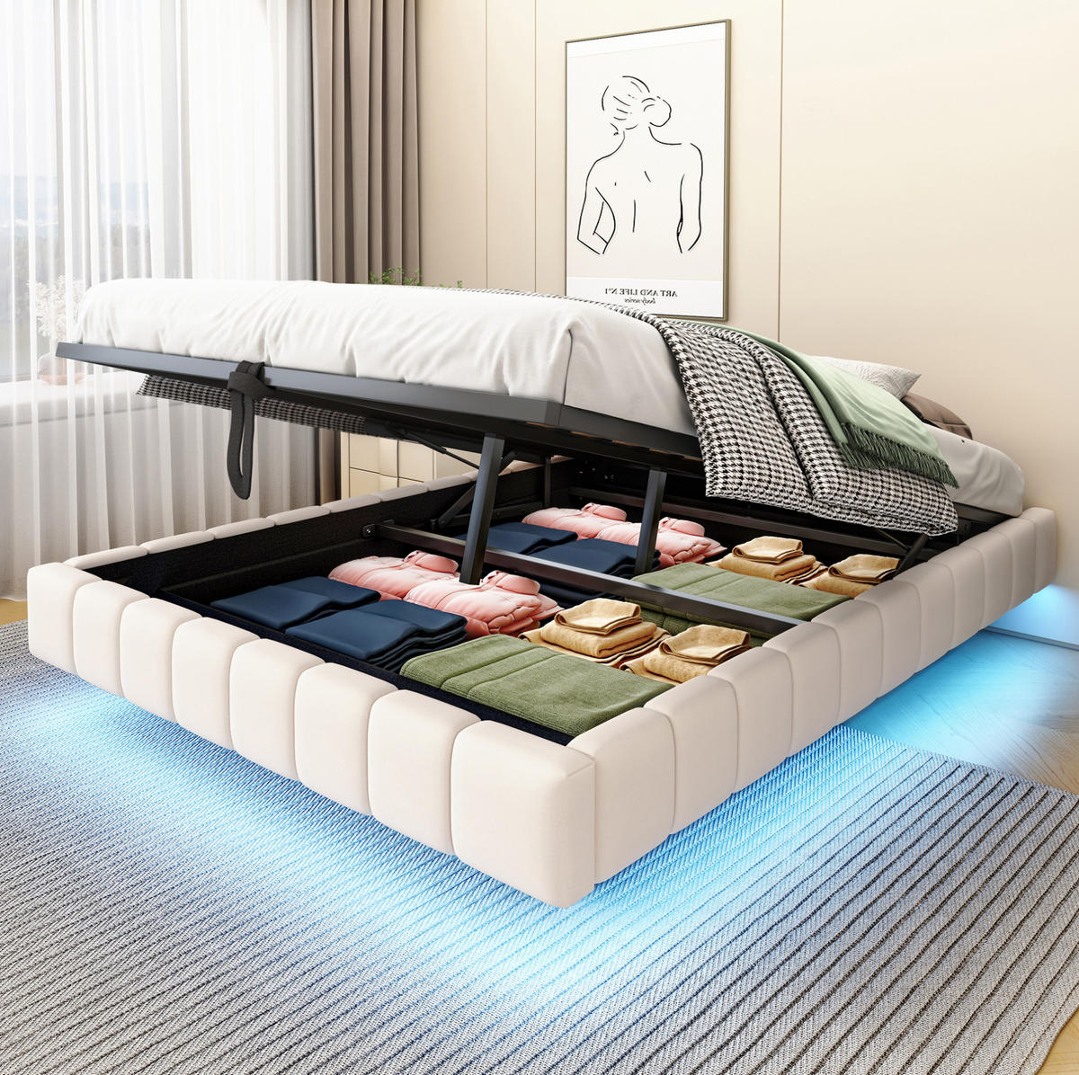 POLSTERBETT mit Stauraum 140x200 cm Beige mit LED - Beige, Metall (140/200cm) - Meubliv
