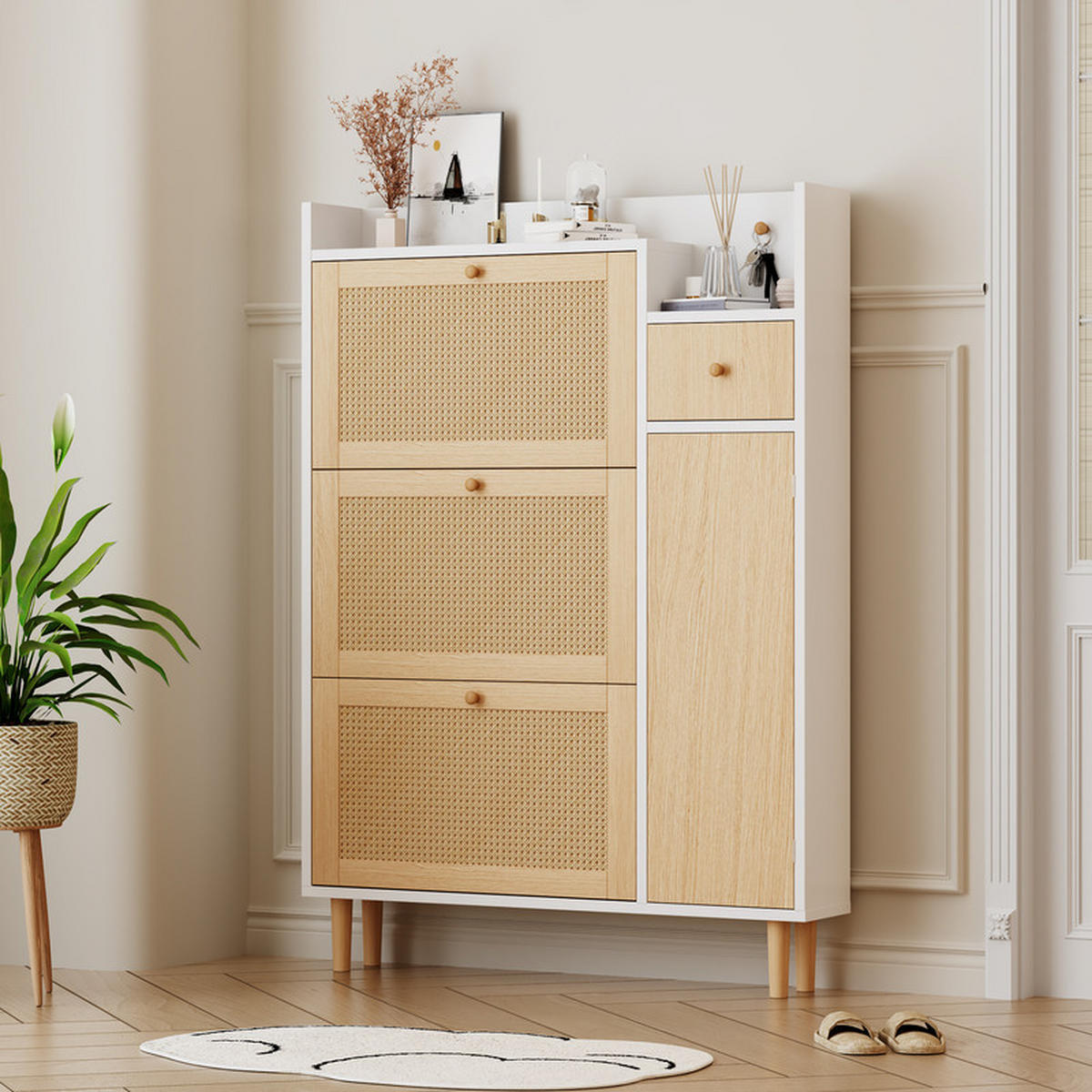 SCHUHSCHRANK RATTAN mit 3 Kipp-Türen und 1 Schublade Massivholzbeine 90x125x17 cm - Braun, Holzwerkstoff (17/125/90cm) - Fuleadture