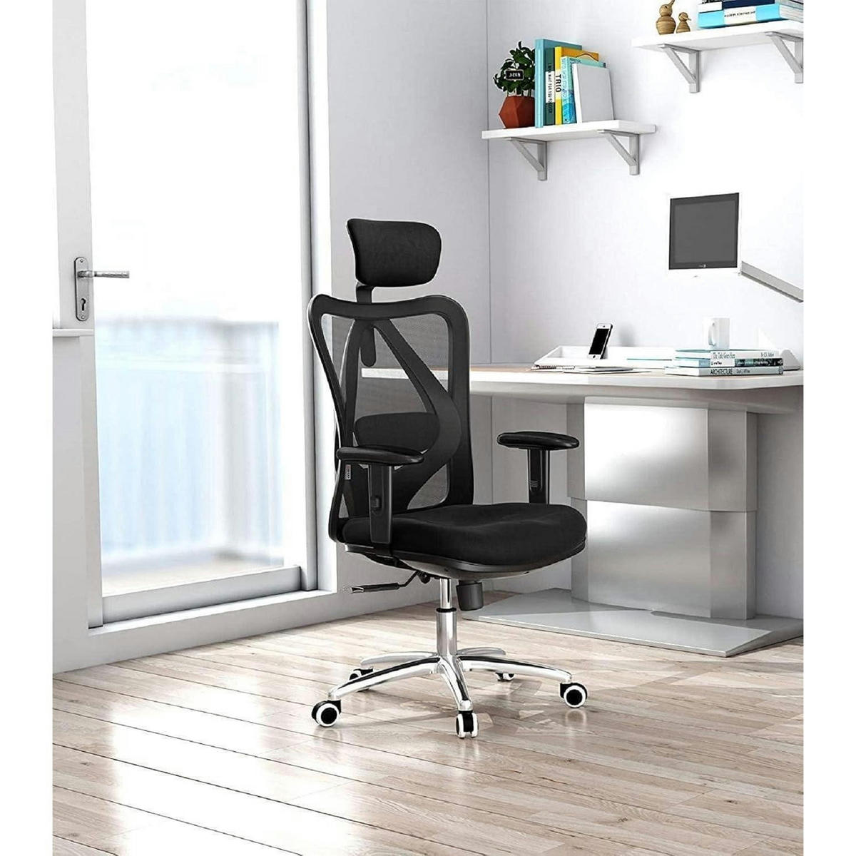 ERGONOMISCHER Bürostuhl mit verstellbarer Lordosenstütze und Kopfstütze - Schwarz, Textil (53.3/27.9/69.9cm)