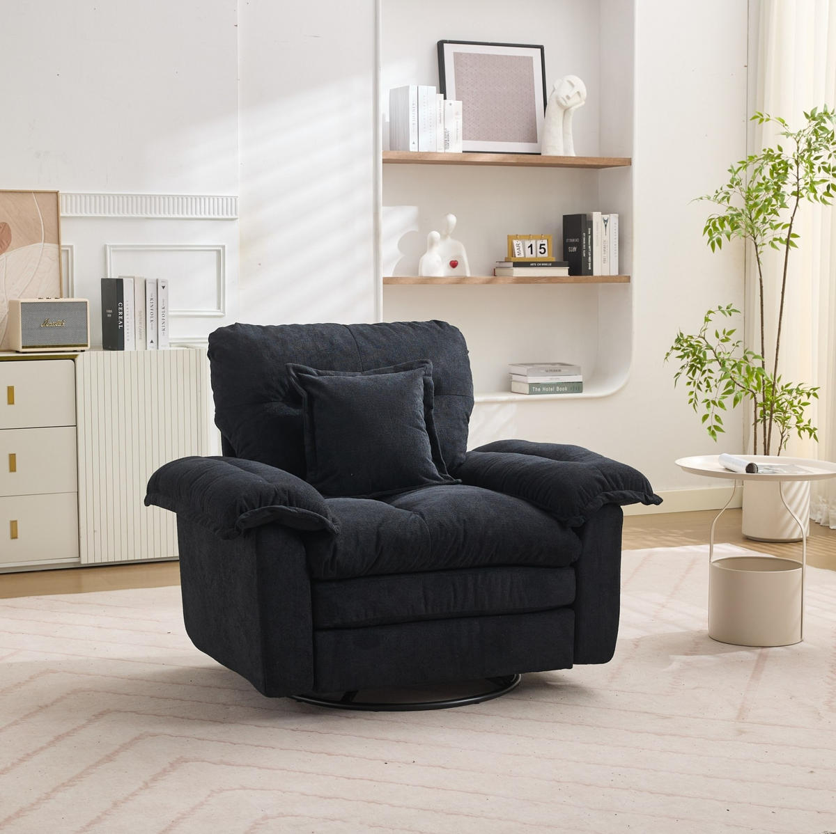 DREHSESSEL mit Chenillebezug und 360°-Drehfunktion – bis 136 kg belastbar - Schwarz, Textil (84/96/116cm) - BEAOK