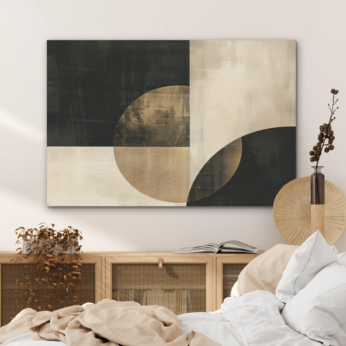 AKUSTIKPANEEL Abstrakt - Geometrische Formen - Schwarz - Gold 100x70 cm - Ecru, Textil (100/0.9/70cm) - MuchoWow