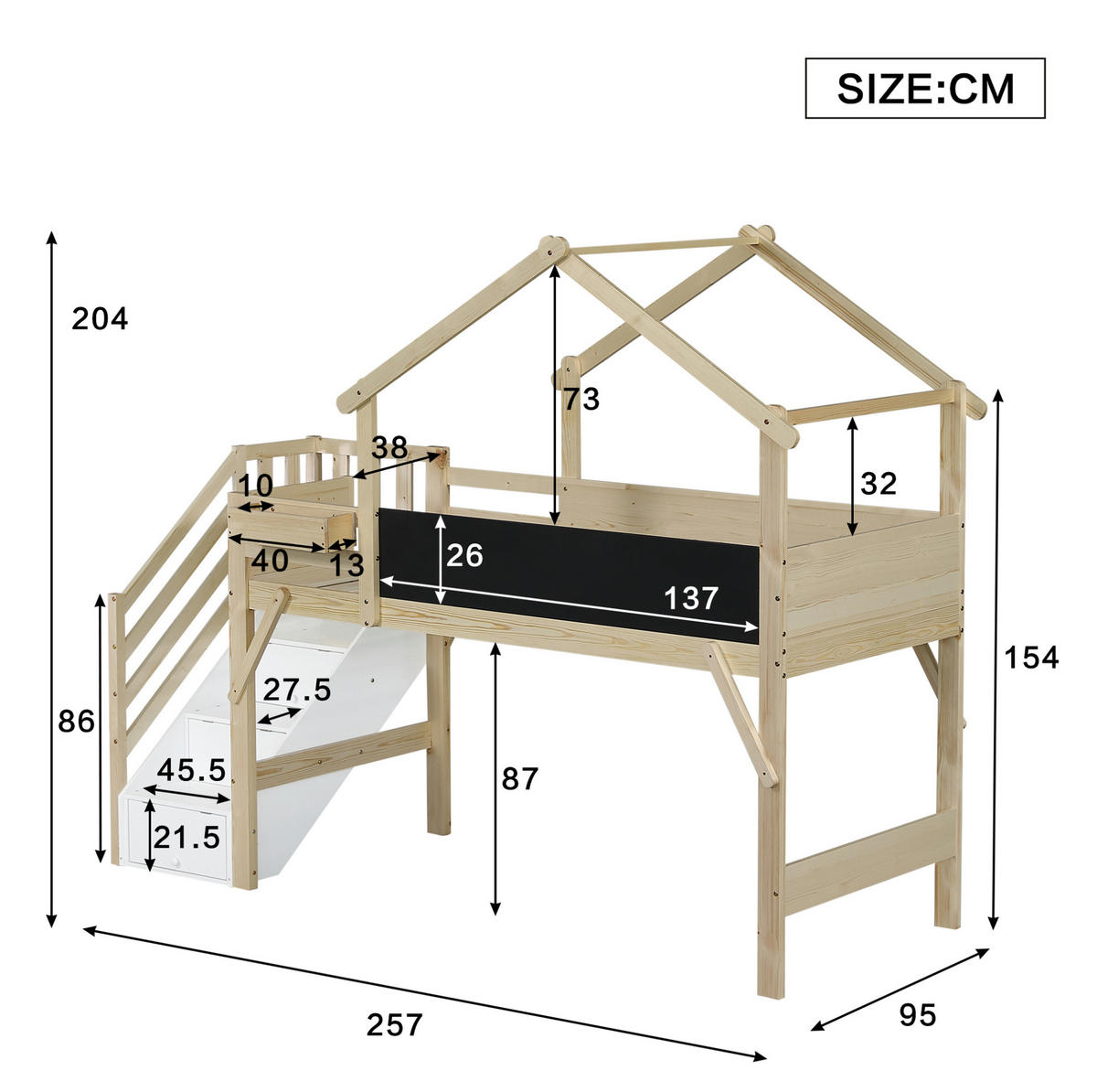 HAUSBETT 90/200 cm Weiß/Natur mit Stauraumtreppe und Tafel - Weiß, Holzwerkstoff (90/200cm) - Flora Grace