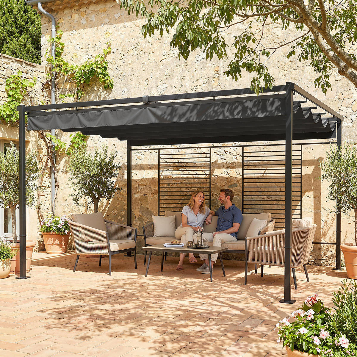 PERGOLA 3,87 x 2,97 m Terrassenüberdachung mit Schiebedach, 2 Sichtschutz, UV 50+ Dunkelgrau - Dunkelgrau, Metall (387/220/297cm)