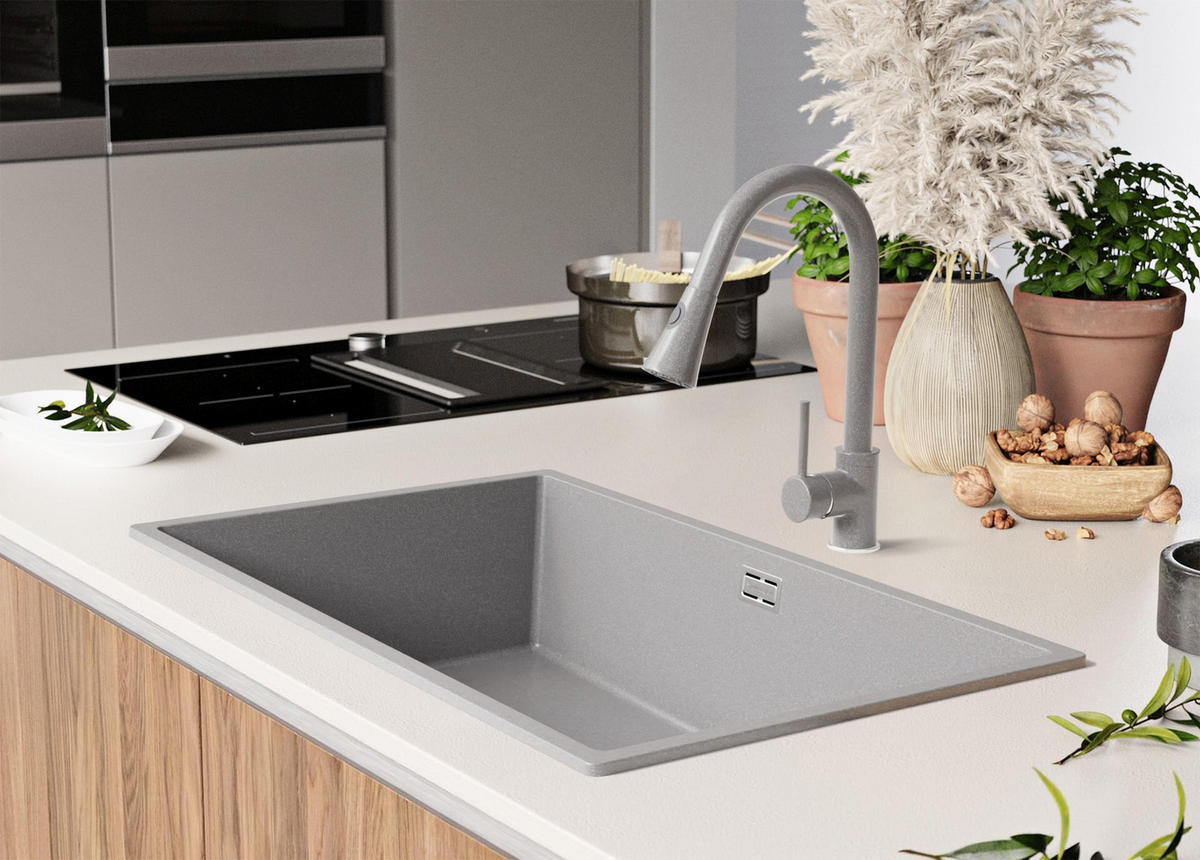 GRANITSPÜLE London Slim, 2-er set Grau 76/47 cm 1 Becken + Küchenarmatur 38/14 cm + Ablauf-Set ab 80er Unterschrank - Chromfarben/Grau, Kunststoff (76/20/47cm) - Primagran