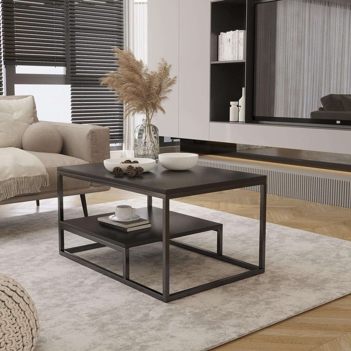 COUCHTISCHE Balance Schwarz, Schwarz Gestell, Kaffeetisch mit Regal - Schwarz, Holzwerkstoff (60/90/48cm) - Bettso