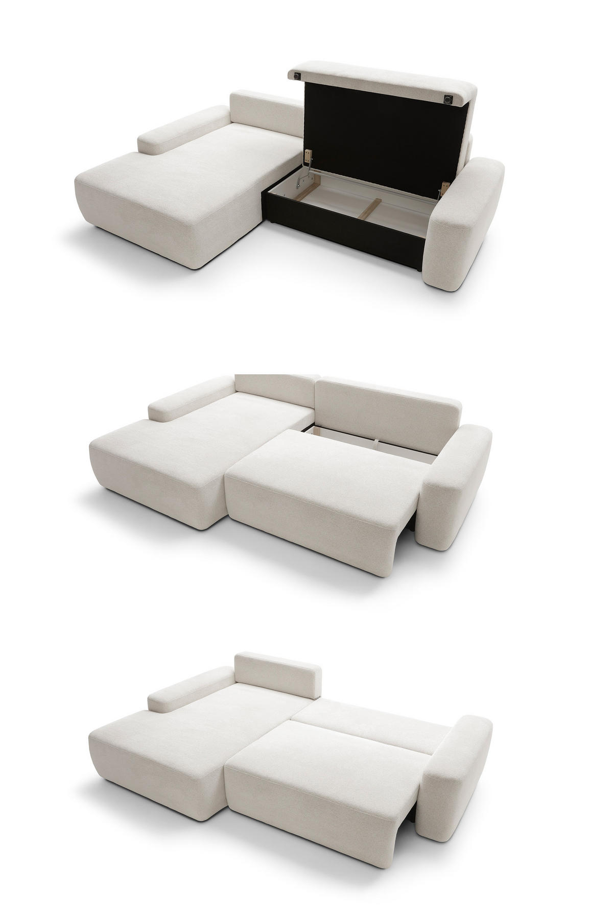 ECKSOFA BOULI 4-Sitzer Polstersofa Raven mit Schlaffunktion 130x210cm Bettzeugablage 264x162x82cm linksseitig Farbe: beige - Beige, Holz/Textil (162/264cm) - DomoHome