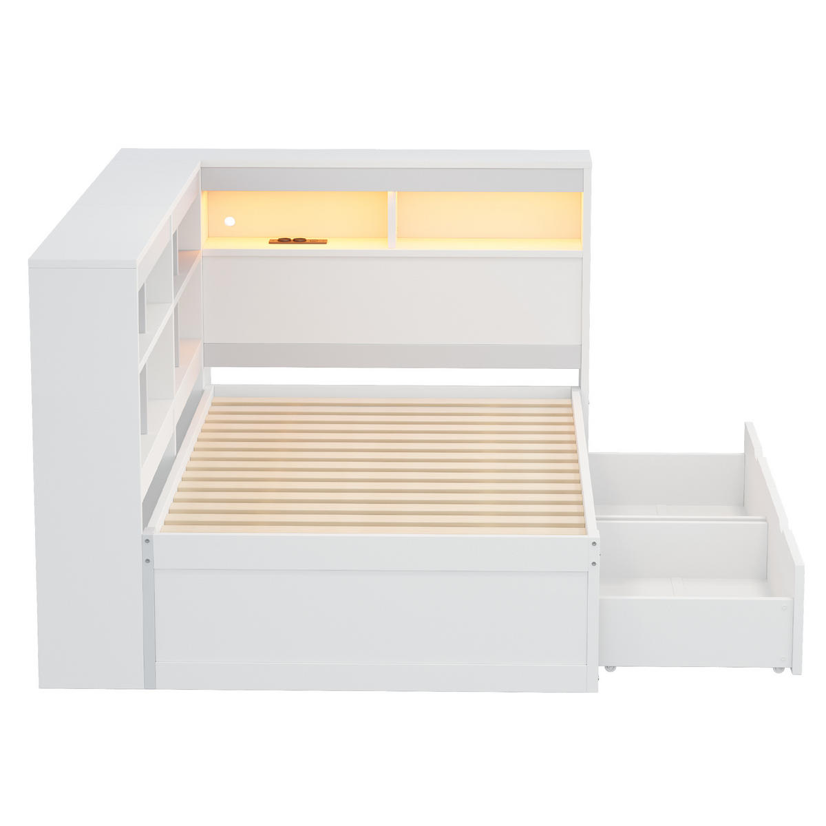 KINDERBETT 90/200 cm DE-01338, in Weiß, mit USB, LED und 2 Schubladen - Weiß, Holz (90/200cm) - ComfortXL