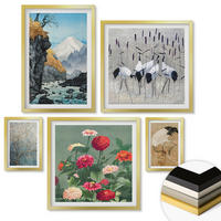WANDBILDER 5er Set - 50x50 cm & 20x30 cm & 40x60 cm Goldrahmen - Berge, Fluss, Blumen, Kraniche - Goldfarben, Kunststoff (40/60cm) - ArtPrintCave