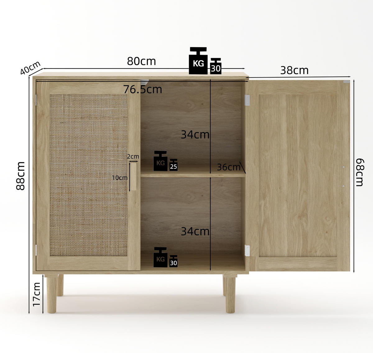 AUFBEWAHRUNGSSCHRANK in Natur 80x40x88 cm mit 2 Türen und offenen Ablagebereichen - Naturfarben, Holzwerkstoff (40/88/80cm) - IVMEU