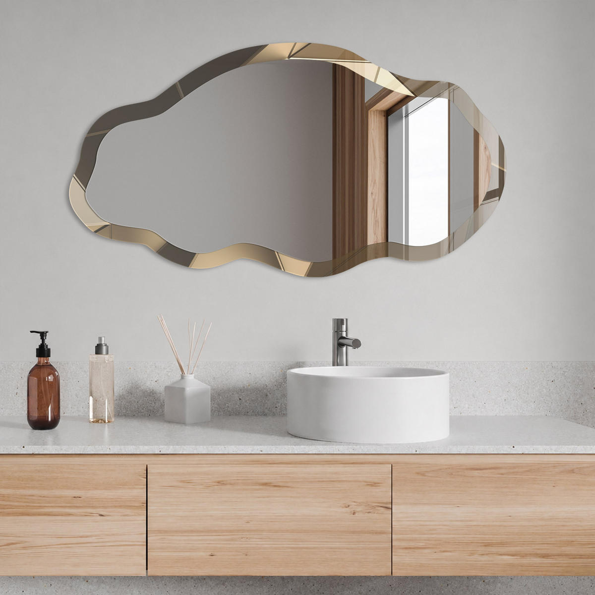 SPIEGEL 90x45 cm asymmetrisch mit Druck - Die Energie der Geometrie - Transparent, Glas (45/90/0.4cm) - TULUP
