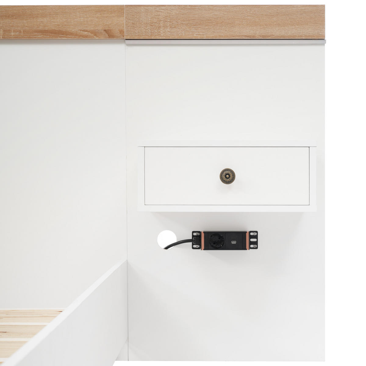 DOPPELBETT-SET 140/200 cm mit 2 LED-Nachttischen, USB-C und Bettbank mit hydraulischem Stauraum, Beige/Weiß/Sonoma-Eiche - Weiß, Textil (140/200cm) - Redom