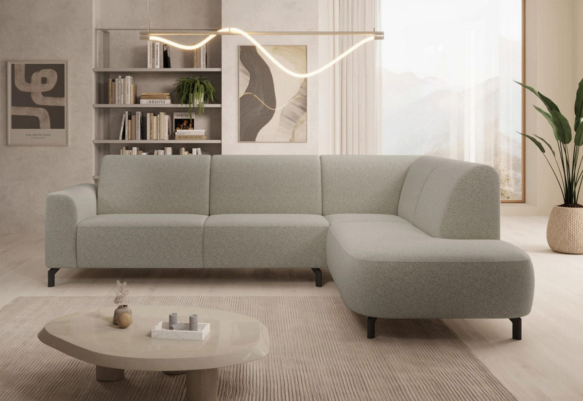 ECKSOFA Lununa Graubeige mit Armlehne, Bouclé, Ottomane rechts - Taupe/Schwarz, Textil/Metall (218/277cm) - Selsey