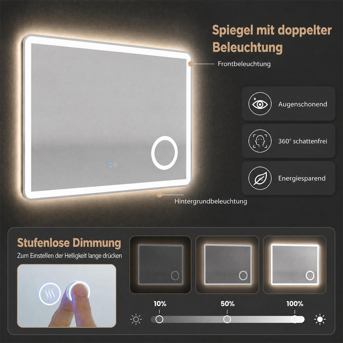 BADEZIMMERSPIEGEL mit Beleuchtung silber - Silberfarben, Glas (80/60/4cm) - COSTWAY