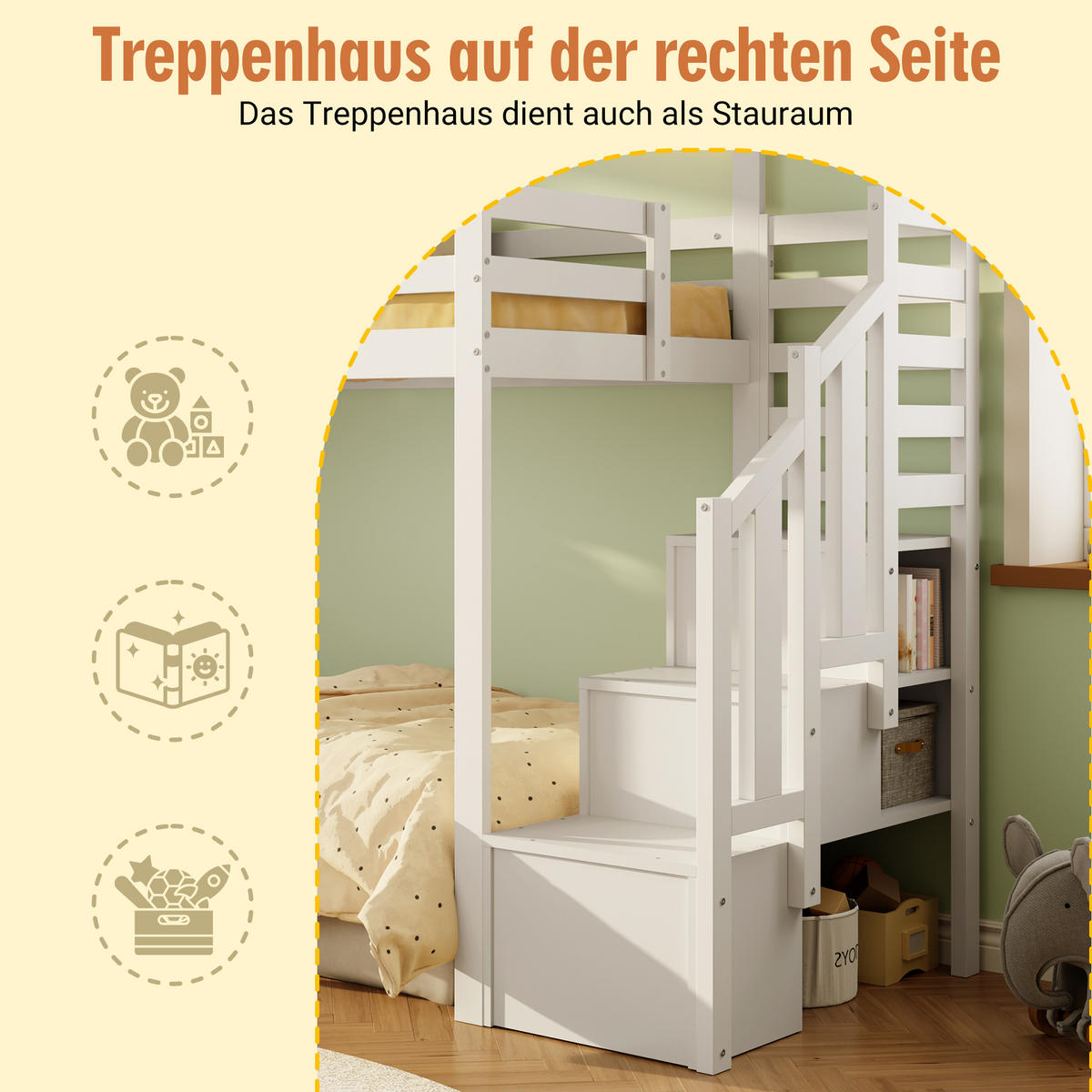 ETAGENBETT 90/200 cm Weiß aus Kiefer Massivholz mit Stauraumtreppe und Fenster - Weiß, Holzwerkstoff (90/200cm) - OKWISH