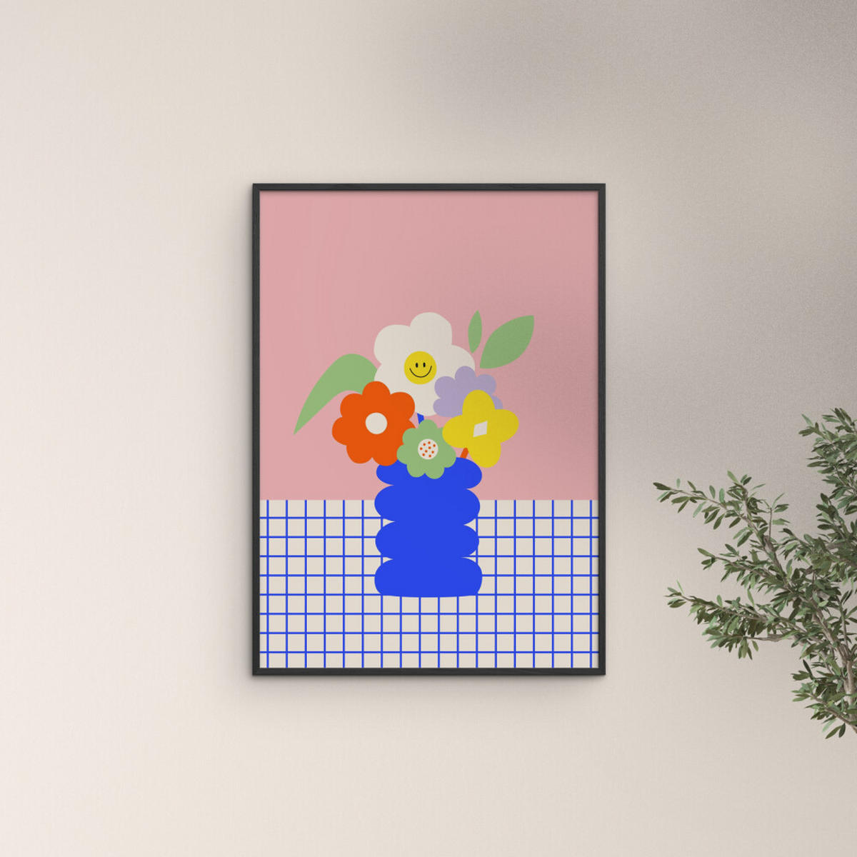 POSTER mit Rahmen Affordable Art Prints x Maren Gross - Happy Daisy - Multicolor/Schwarz, Holz/Papier (50/70cm) - Poster&Frame