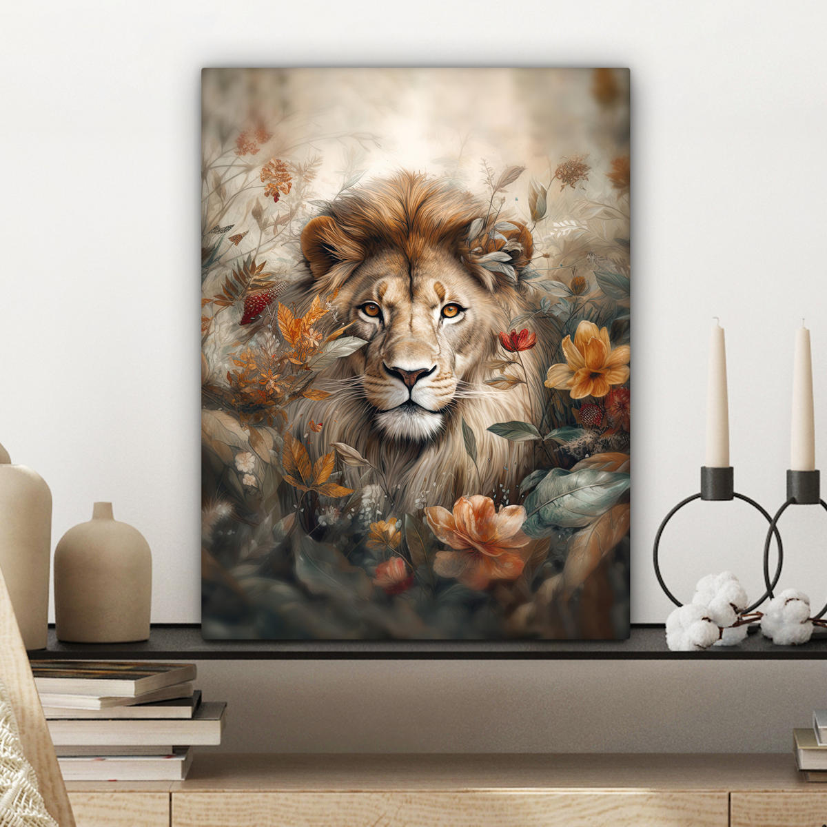 LEINWANDBILD Löwe - Wildtiere - Pflanzen - Natur - Blumen 30x40 cm - Beige, Textil (30/40cm) - MuchoWow