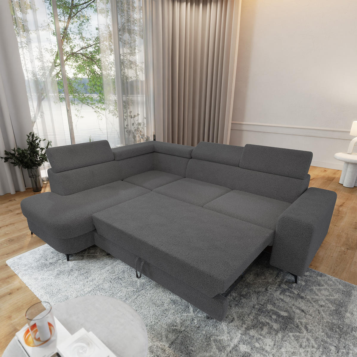 ECKSOFA ALVORO L-S Grau Boucle-Stoff mit Schlaffunktion - Grau, Holz (253/190cm) - MASSENO