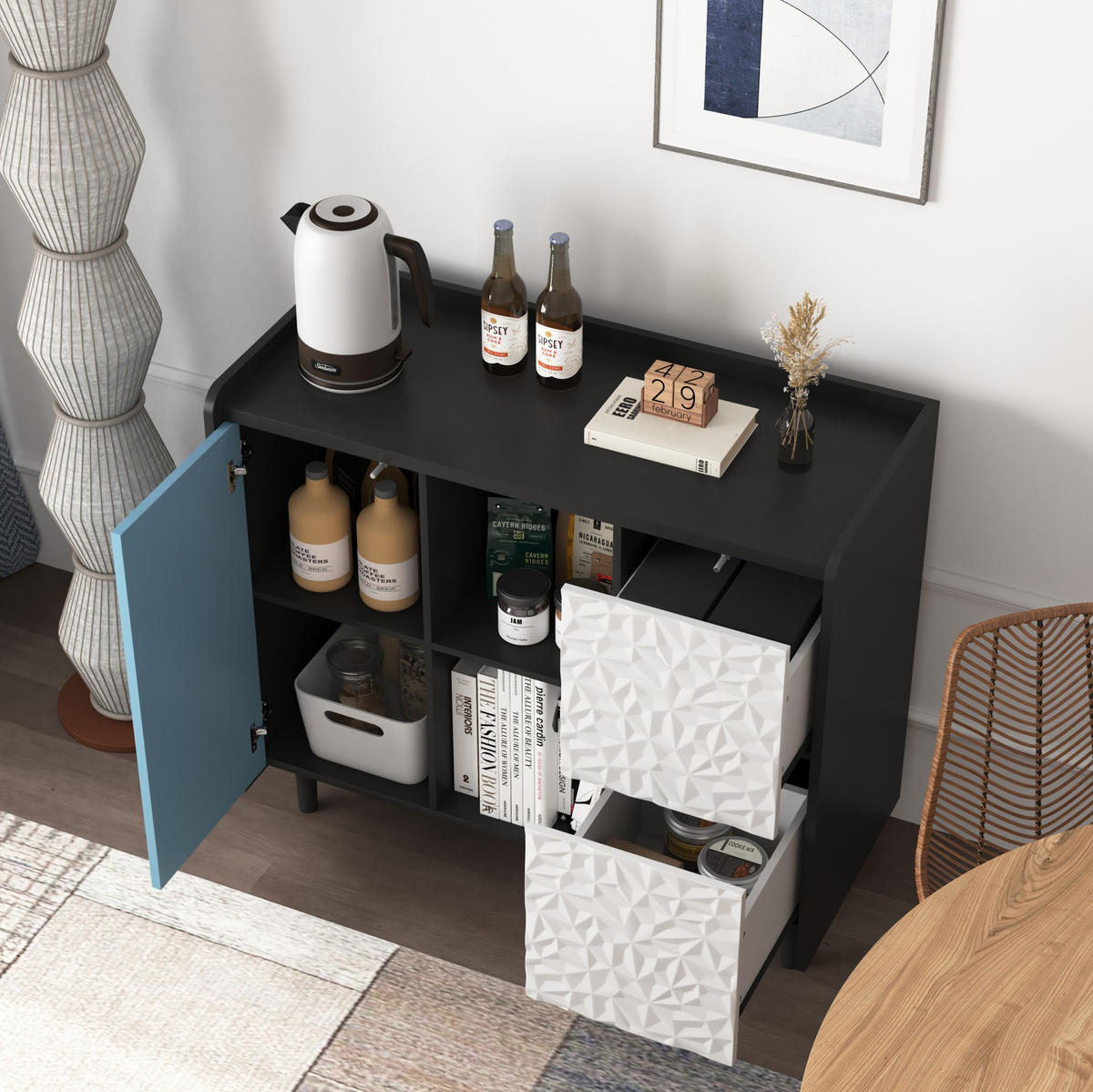 KOMODA 40/90/80 cm, MDF, černá/modrá, se zásuvkami a otevřeným úložným prostorem - černá, kompozitní dřevo (90/80/40cm) - BEAOK