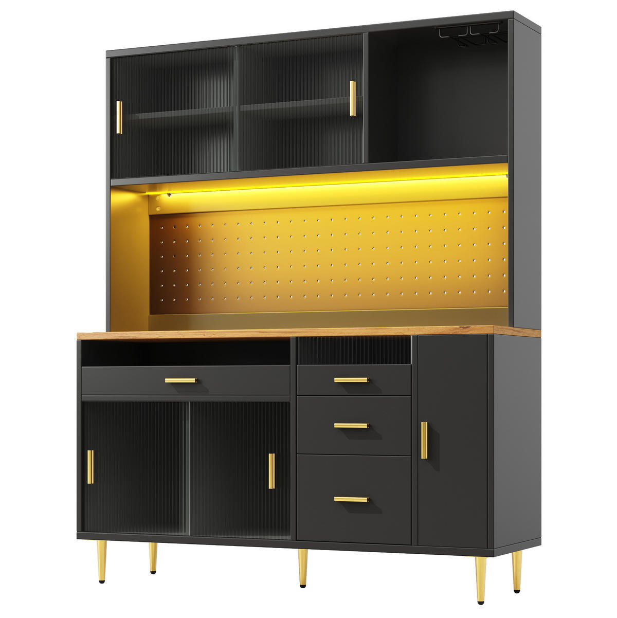BUFFET 145/39/171 cm in Schwarz mit LED-Beleuchtung und Glasschiebetüren - Schwarz, Glas (145/171/24cm) - Flora Grace
