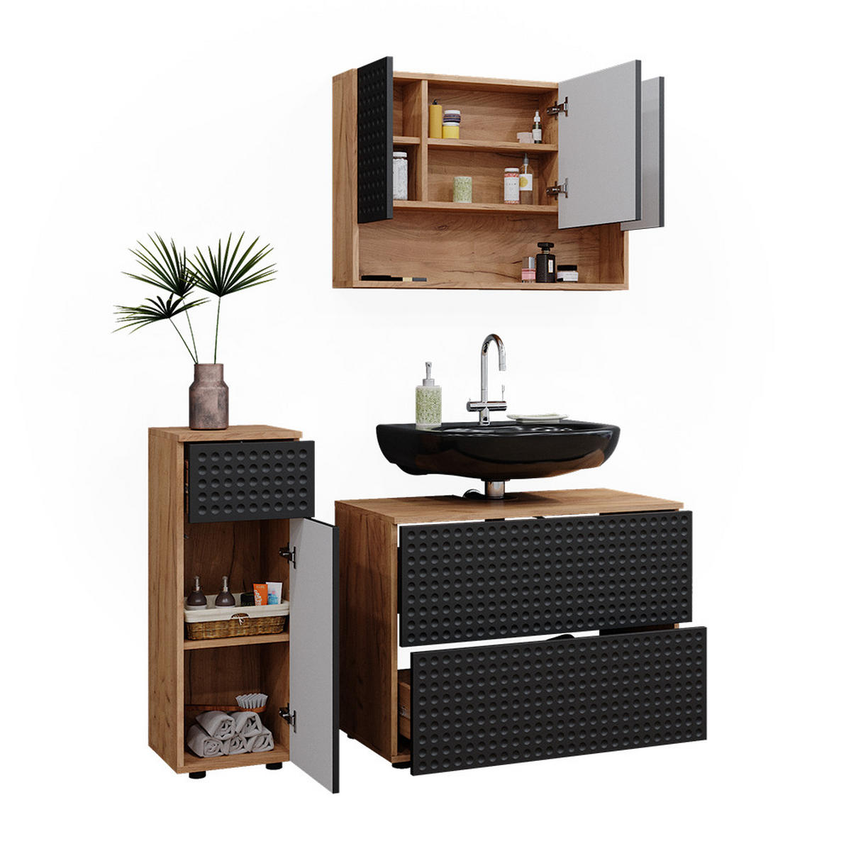 BADMÖBEL-SET Irma Anthrazit gepunktet 3 Teile - Honigeiche/Anthrazit, Holzwerkstoff (80/58.6/41cm) - Vicco