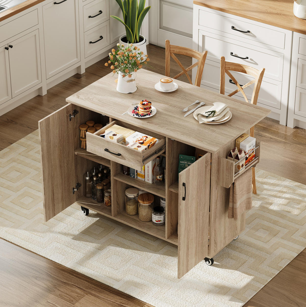 KÜCHENWAGEN mit klappbarer Arbeitsplatte 120 cm Natural - Naturfarben, Holz (67.5/92.8/136.5cm) - Beauniv