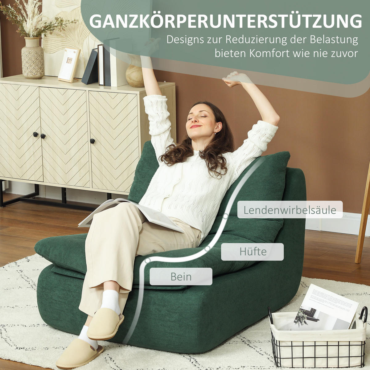 BODENSTUHL, Bodensessel mit einteiligem ultrahochdichtem Schaumstoff, Grün - Grün, Textil (82/75/103cm) - HOMCOM