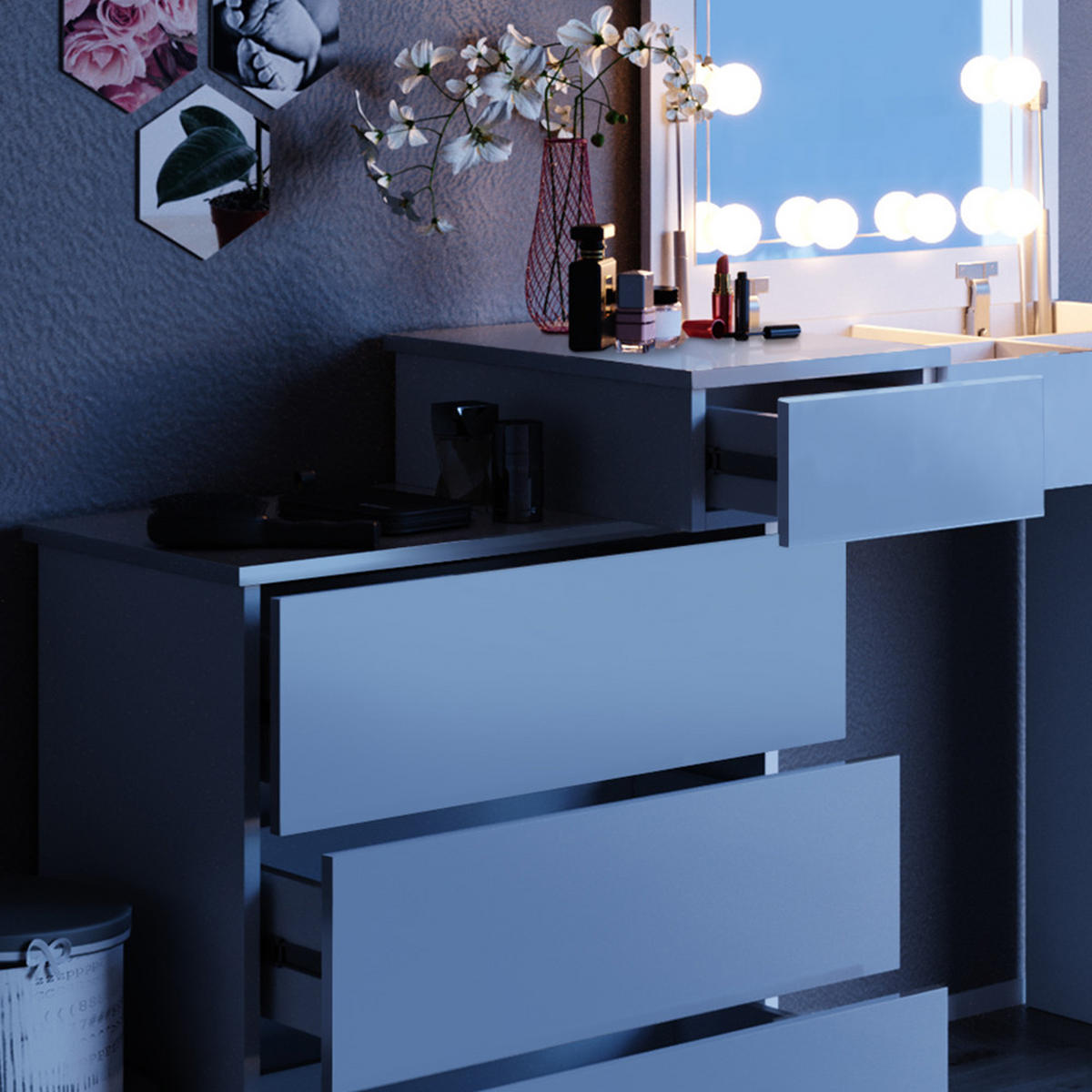 SCHMINKTISCH Lotos Weiß 117.4 cm mit LED Beleuchtung und Hocker - Weiß, Holzwerkstoff (117.4/78/45cm) - Vicco