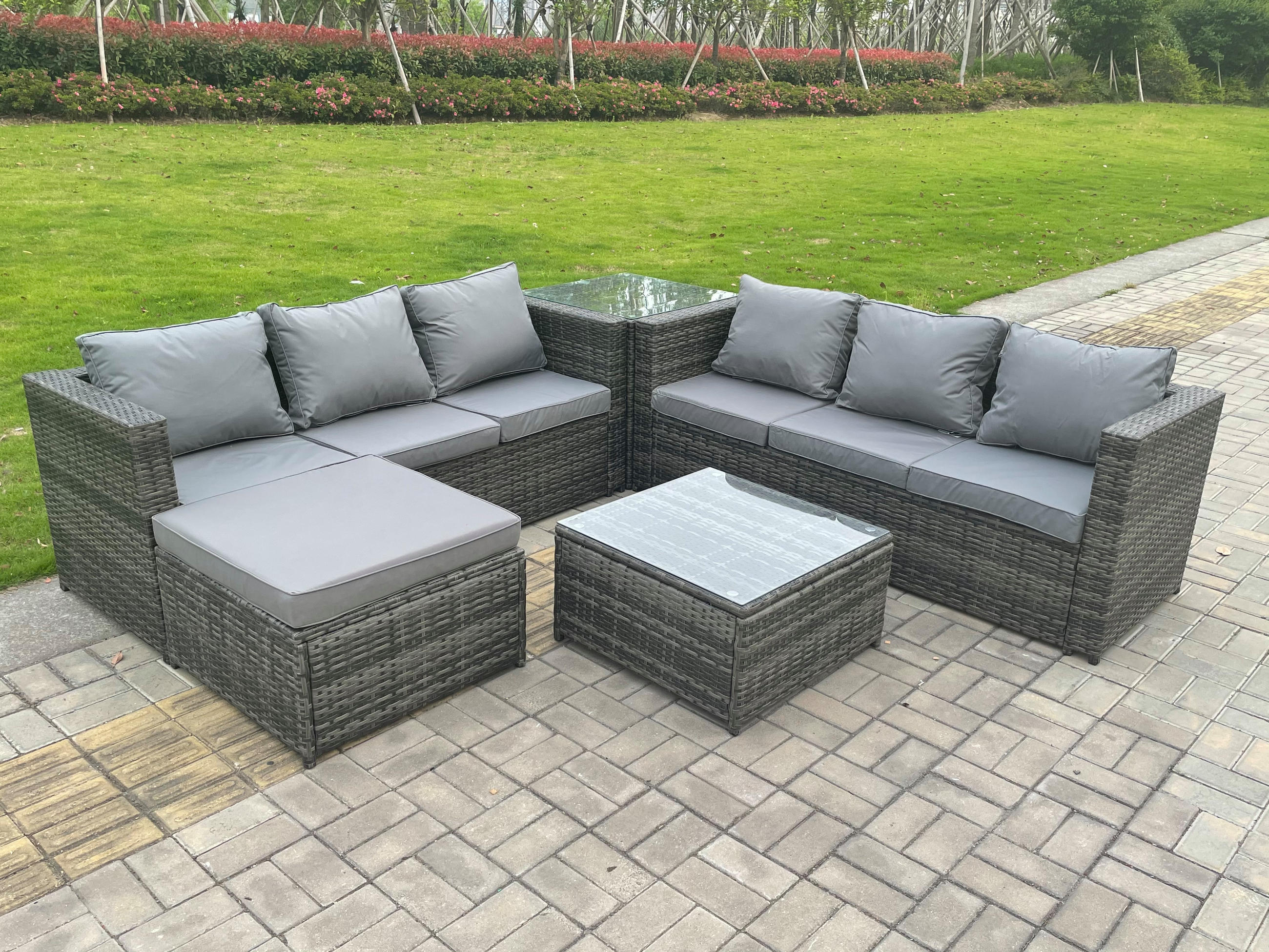 LOUNGESOFA Polyrattan 7-Sitzer - Dunkelgrau/Grau, Glas/Kunststoff - Fimous