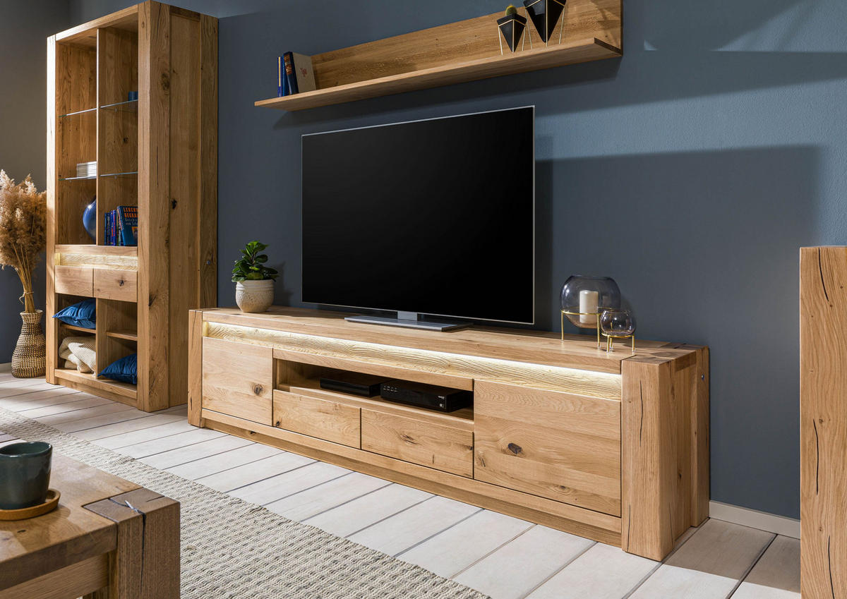 TV-BOARD Wildeiche 223x40x53 beige geölt KENT #232 - Beige, Holz (223/53/40cm) - Massivmoebel24