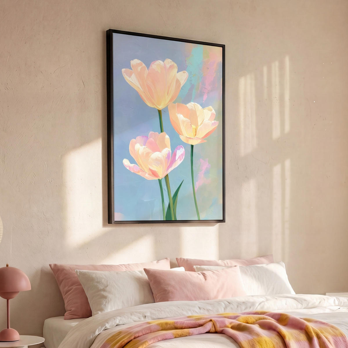 LEINWAND Bilder mit Rahmen - Tulpen - Rosa Akzente - Blau - 80x120 - Pastellblau, Textil (80/120cm) - MuchoWow