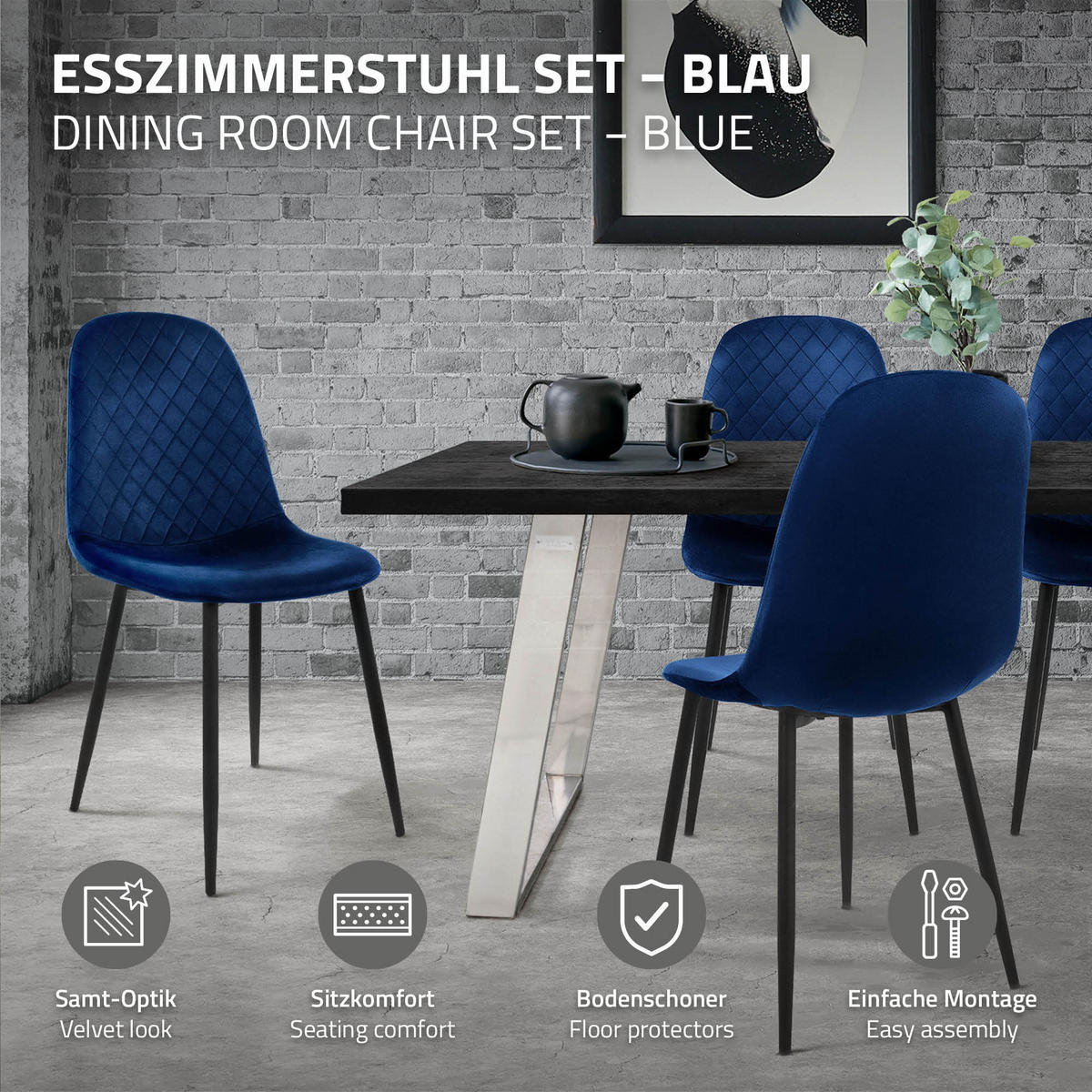 ESSZIMMERSTÜHLE 4er Set Dunkelblau Samt - Schwarz/Dunkelblau, Textil/Metall (51/89/44cm) - ML-DESIGN