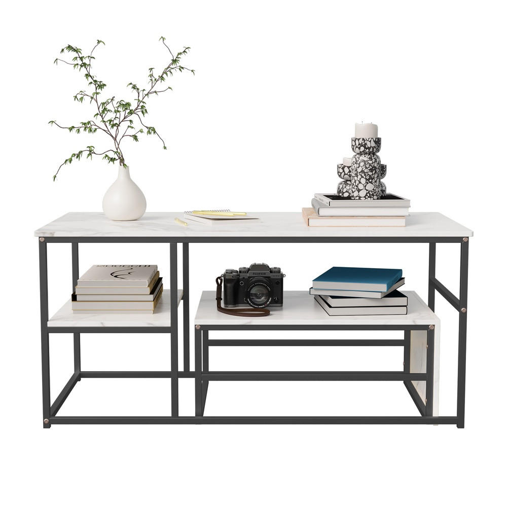 COUCHTISCH - Rechteckiger Couchtisch in Marmoroptik mit schwarzem Metallgestell - Weiß und Schwarz - Schwarz, Holzwerkstoff (52/105/48.5cm) - DELFA