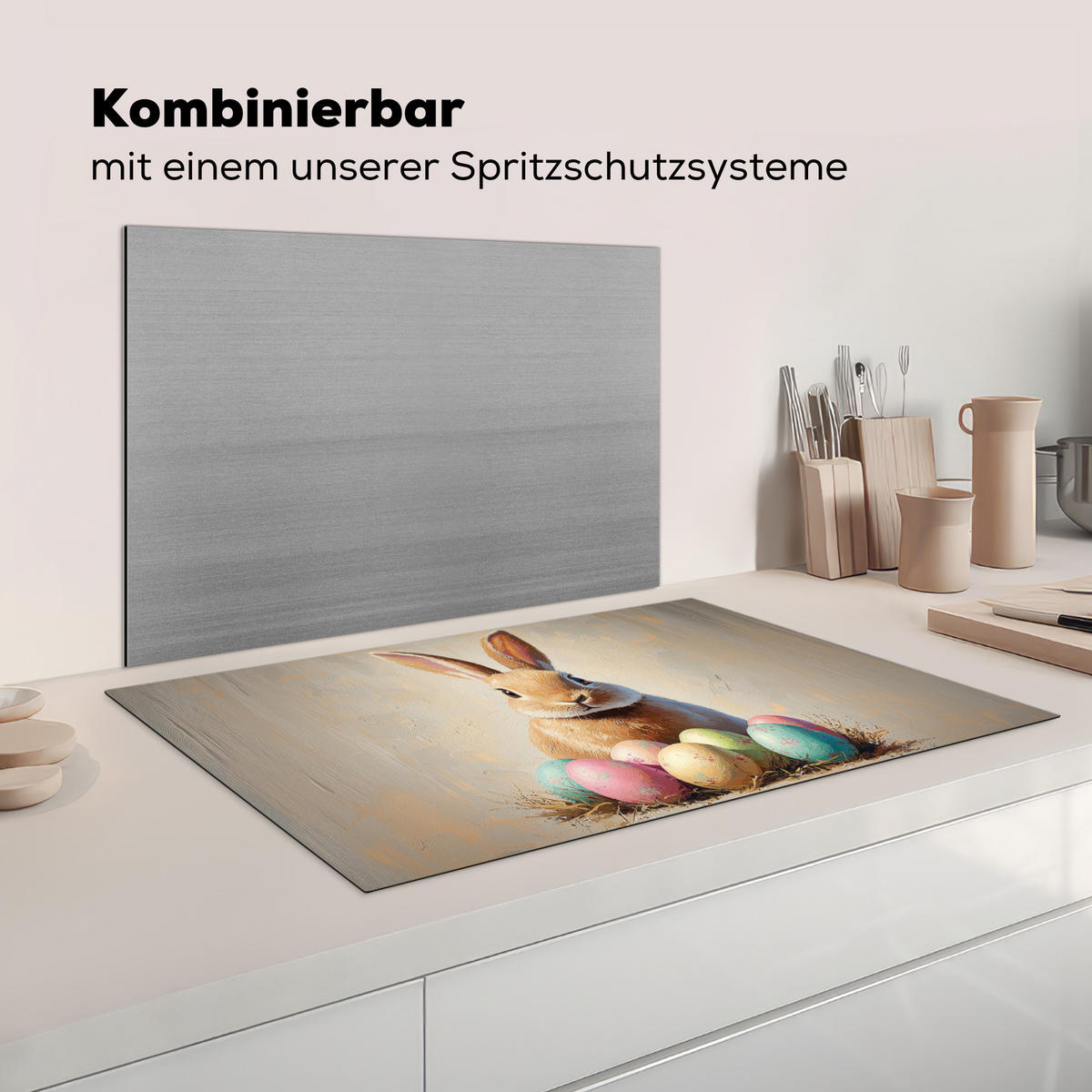 HERDABDECKPLATTE Osterhase - Pastell - Eier Ceranfeldabdeckung 85x52 cm - Beige, Kunststoff (85/52/0.2cm) - MuchoWow