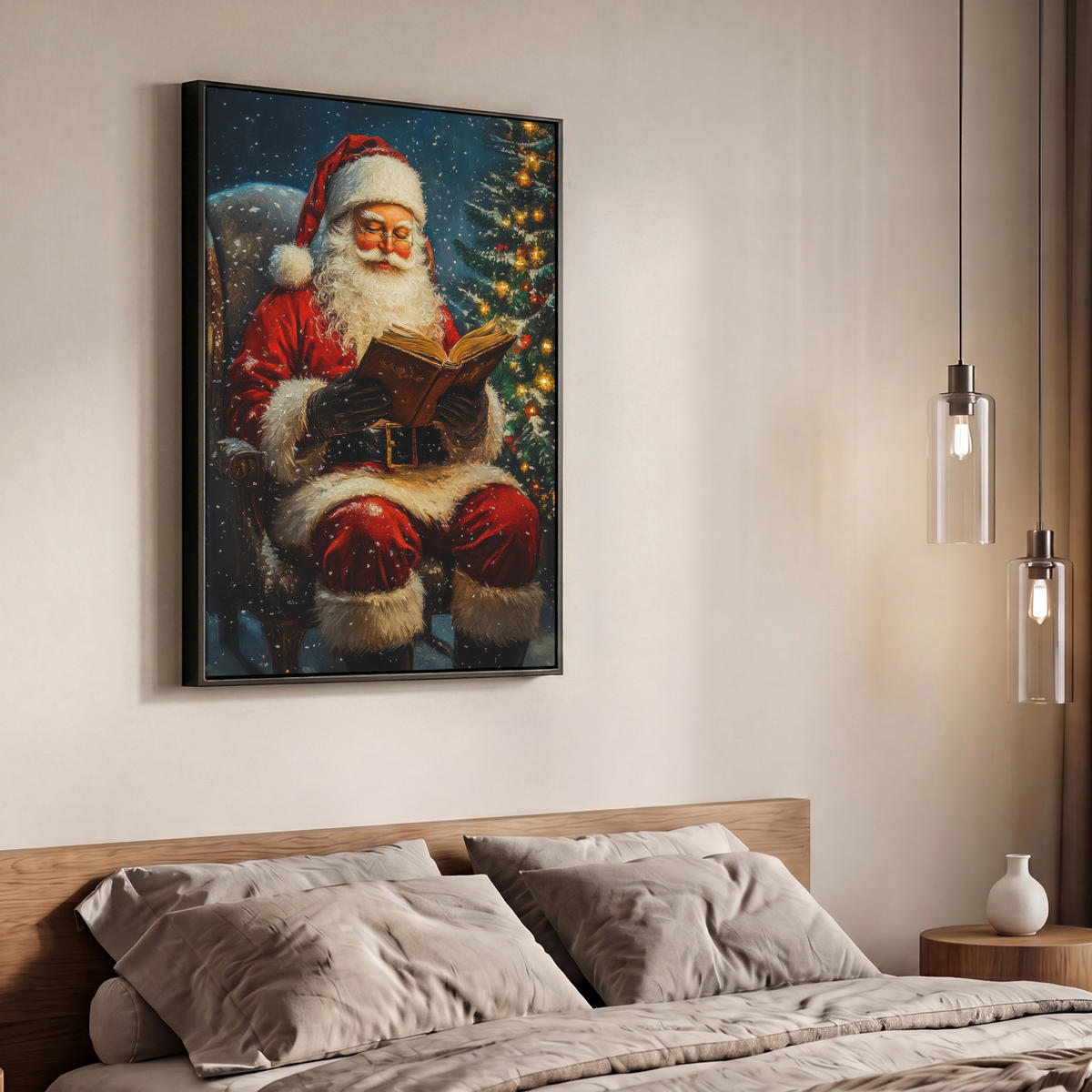 LEINWAND Bilder mit Rahmen - Weihnachtsmann - Weihnachten - Winter - Weihnachtsbaum - 70x100 - Bordeaux, Textil (70/100cm) - MuchoWow