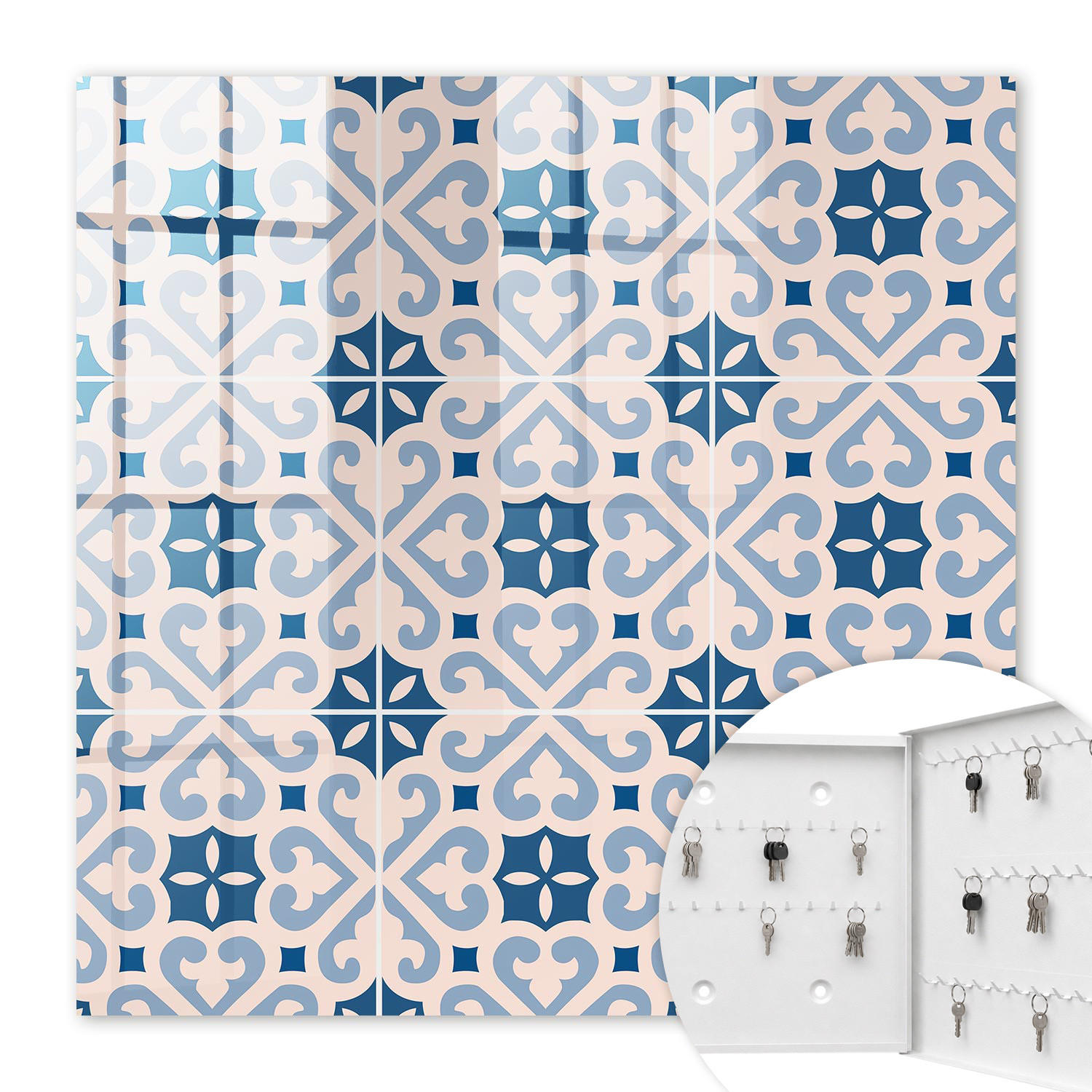 SCHLÜSSELBOX Weiß 30x30 cm – Türöffnung nach rechts - Ornamentales Muster - Blau, Metall (30/30/5cm) - TULUP
