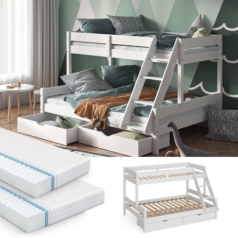 ETAGENBETT Everest Weiß 140x200/90x200 cm mit 2 Matratzen und 2 Schubkästen - Weiß, Holz (140/200cm) - VitaliSpa