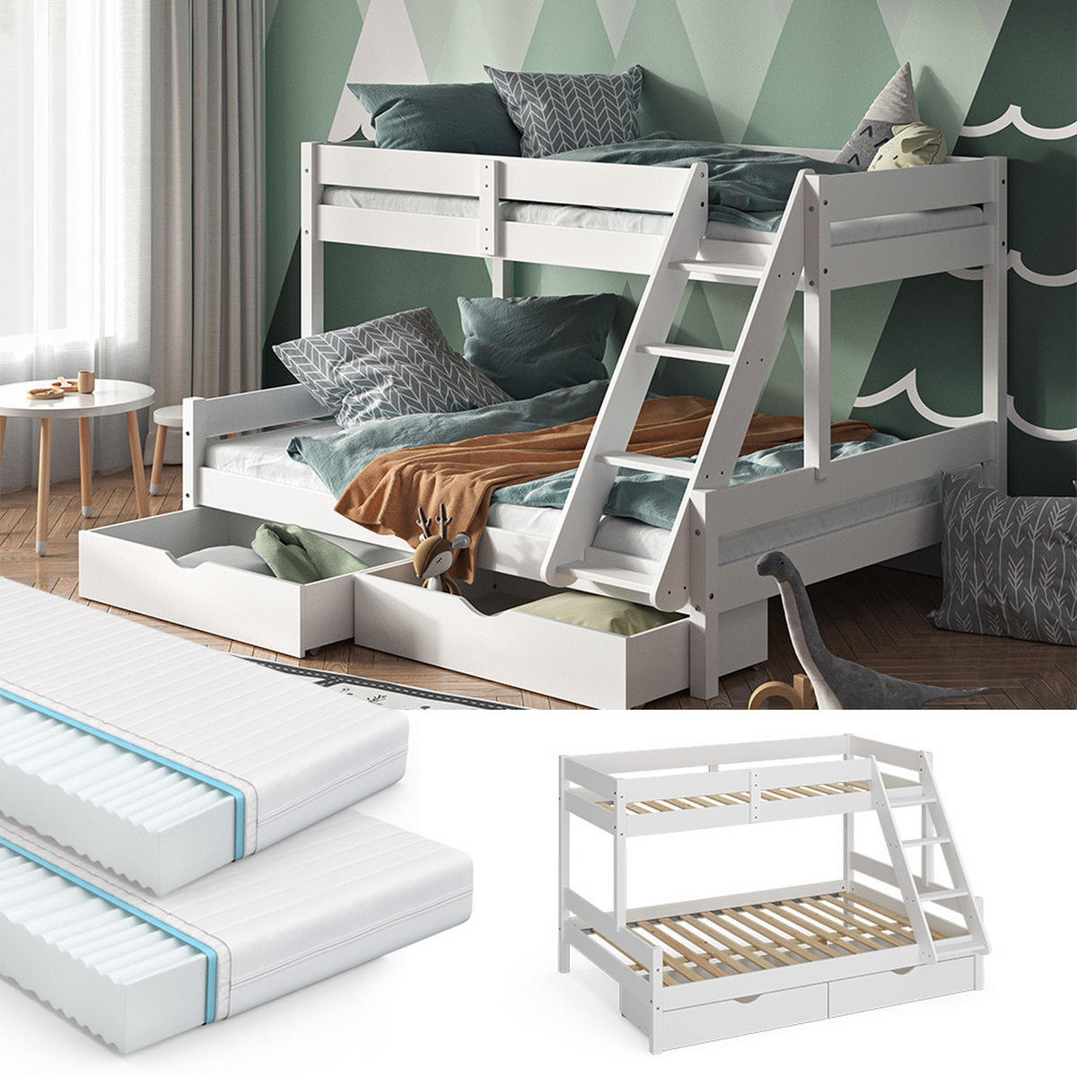 ETAGENBETT Everest Weiß 140x200/90x200 cm mit 2 Matratzen und 2 Schubkästen - Weiß, Holz (140/200cm) - VitaliSpa