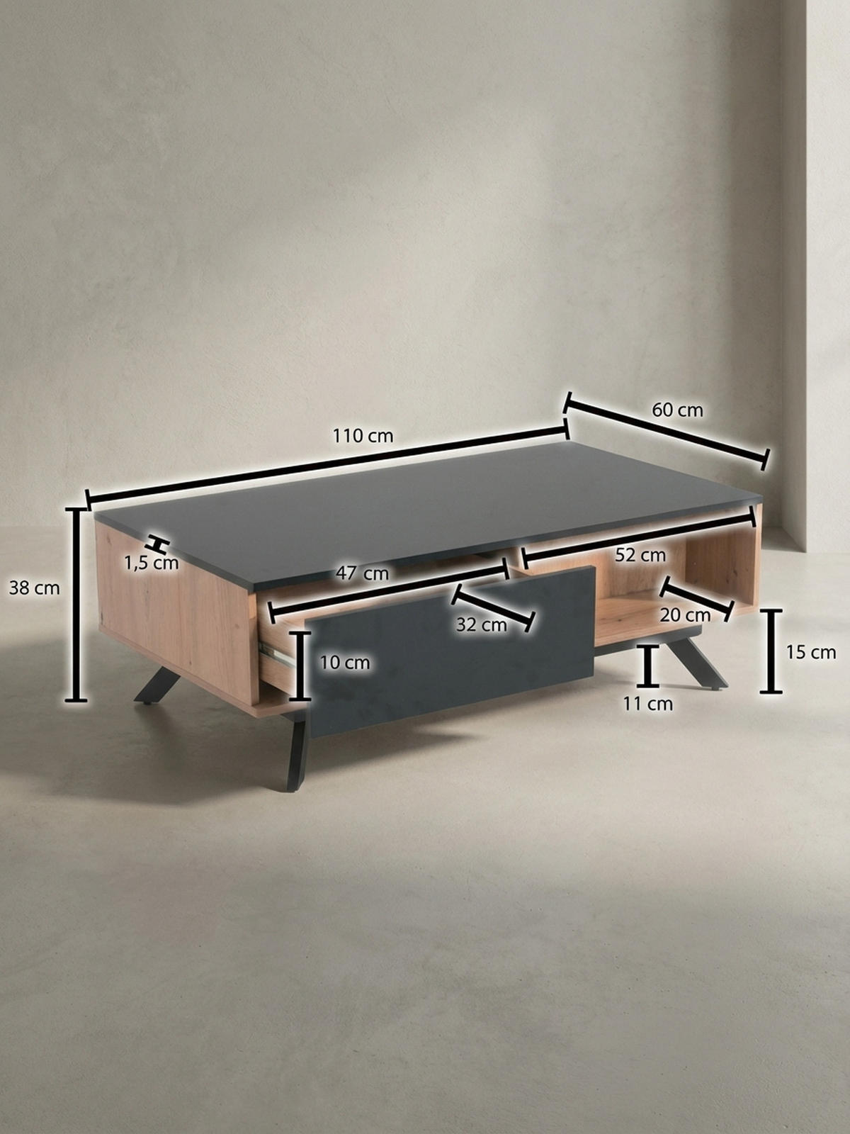 COUCHTISCH Eiche-Dekor Schwarz mit Stauraum, Wasserabweisend, 110x60x38 cm - Schwarz/Braun, Holz/Metall (60/110/38cm) - KADIMA DESIGN