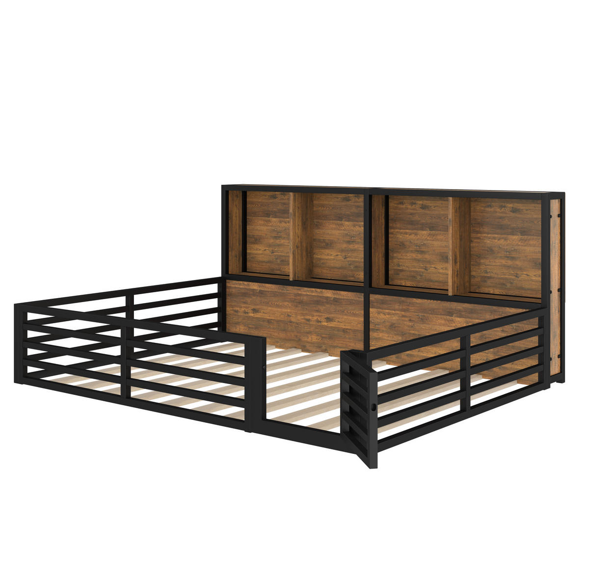 KINDERBETT 140/200 cm schwarz aus Metall und MDF mit Stauraum und LED - Schwarz, Holzwerkstoff (140/200cm) - OKWISH