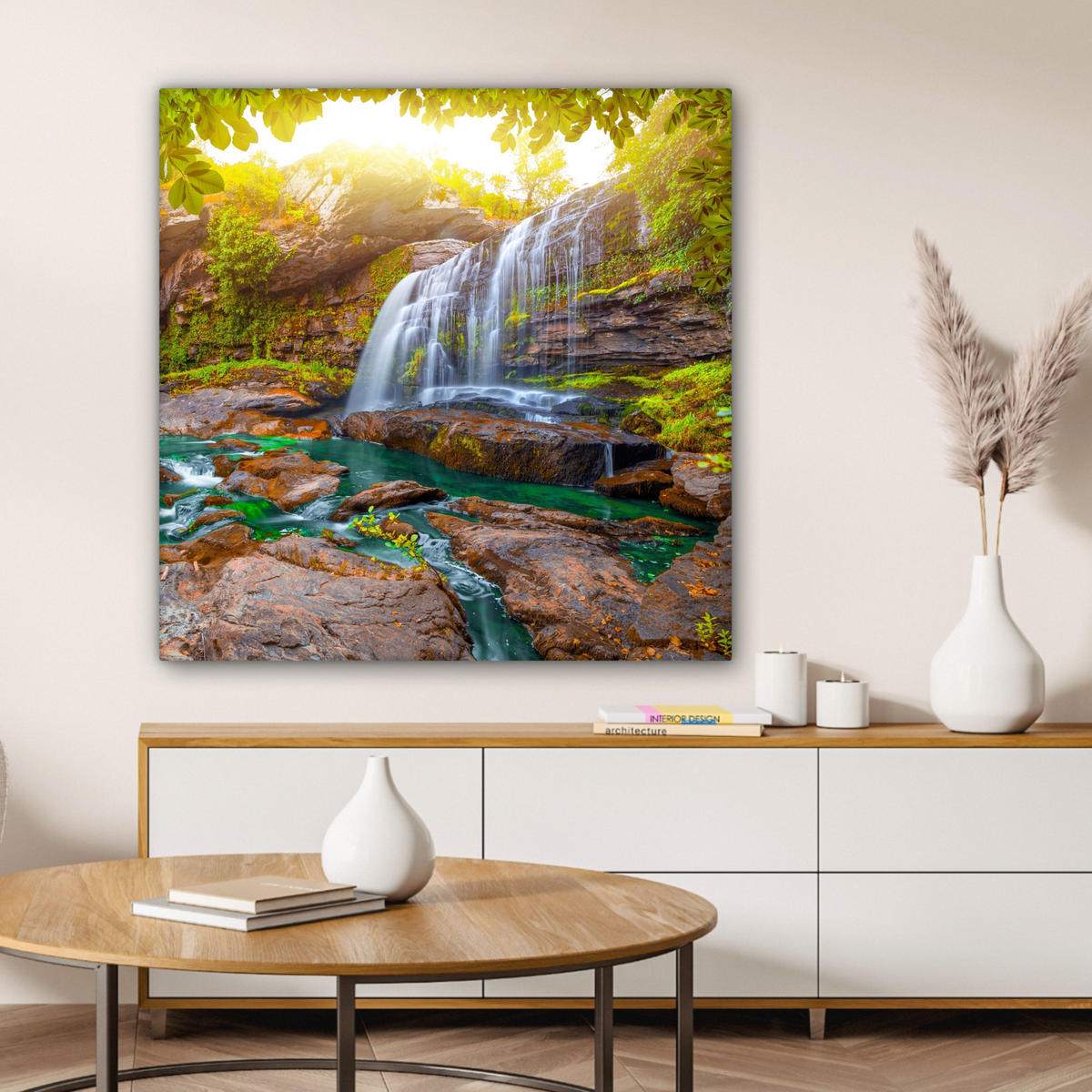 LEINWANDBILD Natur - Wasserfall - Pflanzen - Bäume - Sonne 90x90 cm - Olivgrün, Textil (90/90cm) - MuchoWow