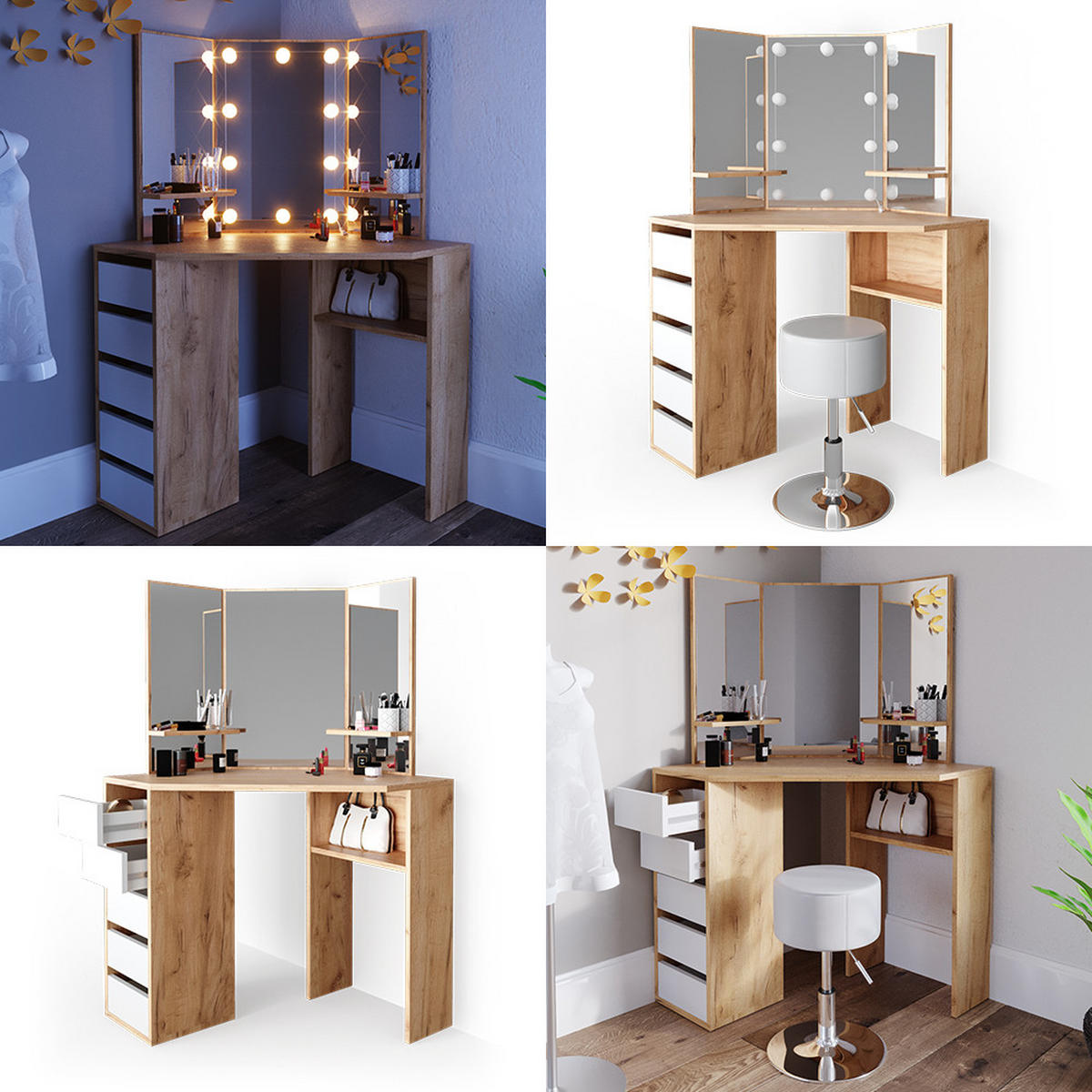 ECKSCHMINKTISCH Arielle Goldkraft Eiche 110 cm - Honigeiche, Holzwerkstoff (110/141.5/54cm) - Vicco