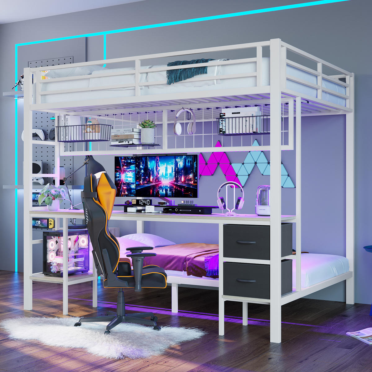 HOCHBETT 90x200 und 140x200cm Mit 7-farbiger LED-Leiste, USB-Anschluss, ohne Matratze, Weiß - Weiß, Metall (140/200cm) - KOMHTOM