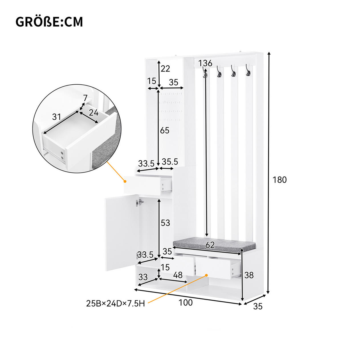 GARDEROBE mit gepolsterter Aufbewahrungsbank und Schuhschrank, weiß - Weiß, Holz (35/180/100cm) - Meubles Cosy