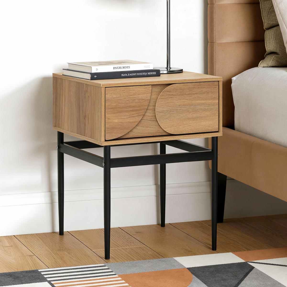 NACHTTISCH Holz mit Schublade, Metallbeinen, Holzoptik | B47.5 x T39 x H58 cm - Braun, Holzwerkstoff (47.5/58/39cm) - Hometopia