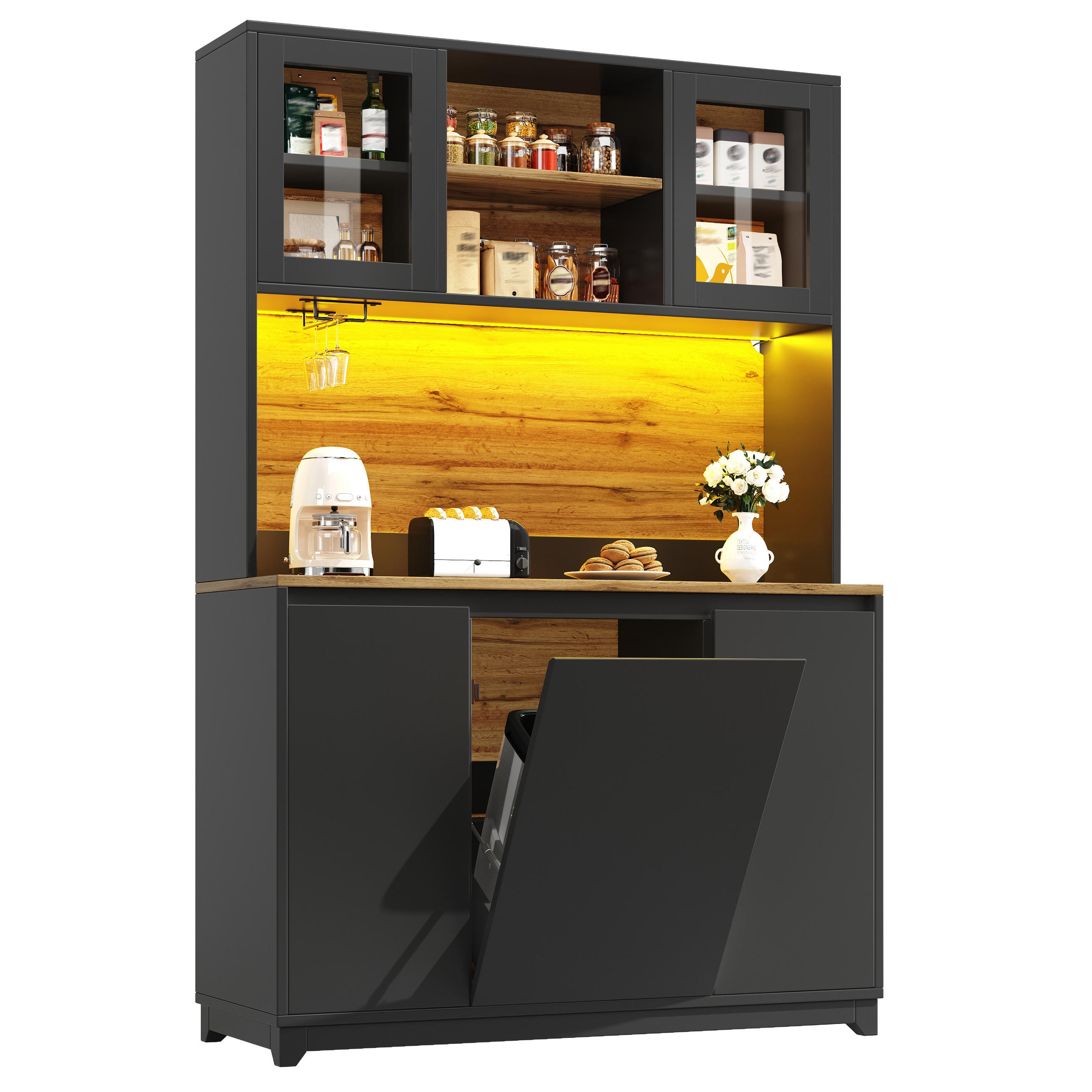 BUFFET mit Acryltüren LED-Beleuchtung offenen Regalen und Stauraum Schwarz 120/40/180 cm - Transparent/Schwarz, Holzwerkstoff/Metall (120/180/40cm) - EVRYAE
