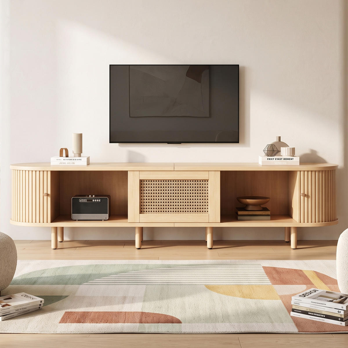 LOWBOARD Holzoptik Rattan Oval mit Schiebetür & Schublade für 75 Zoll TV - Naturfarben, Holzwerkstoff (180/40/40cm) - Urban Meuble