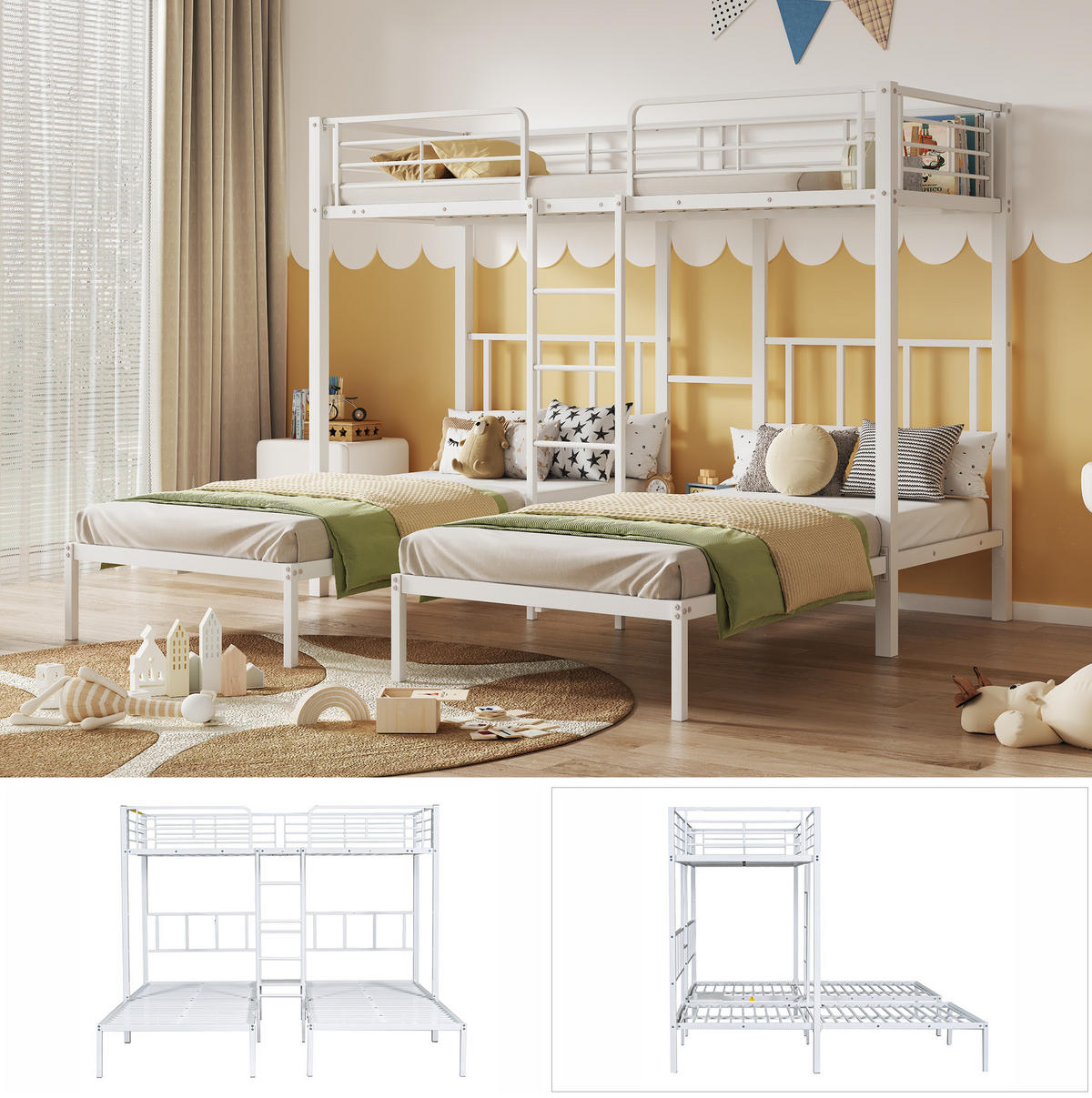 ETAGENBETT 90/200 cm Weiß mit Leiter und Stauraum für 3 Personen - Weiß, Metall (90/200cm) - OKWISH
